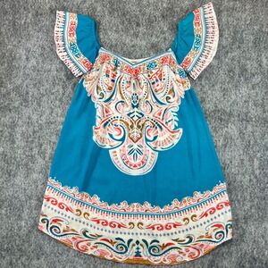 Flying Tomato Mini Dress Womens S‎ Teal Boho Paisley Off Shoulder Tunic Beach